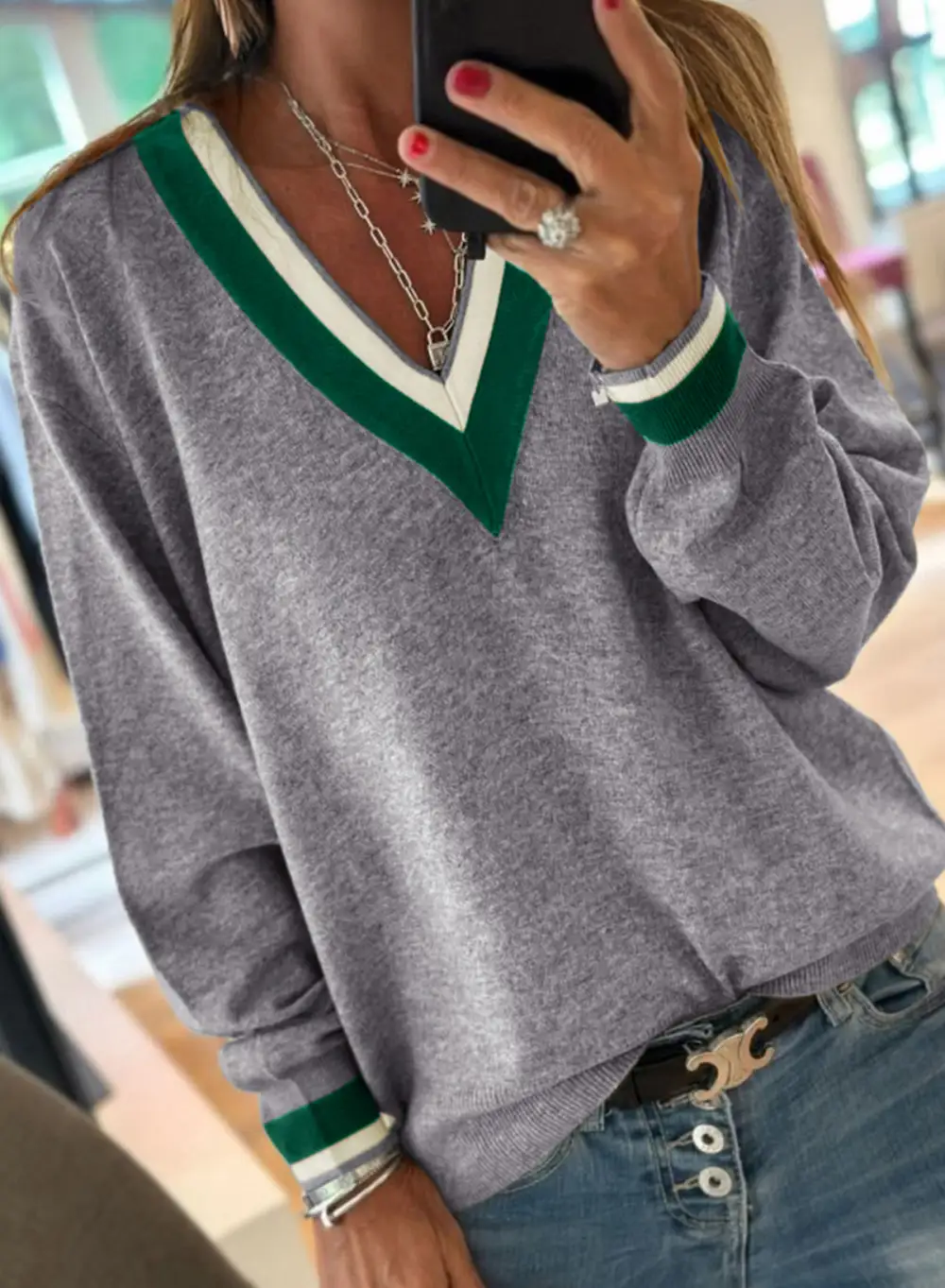 Striped Knit V Neck Sweater