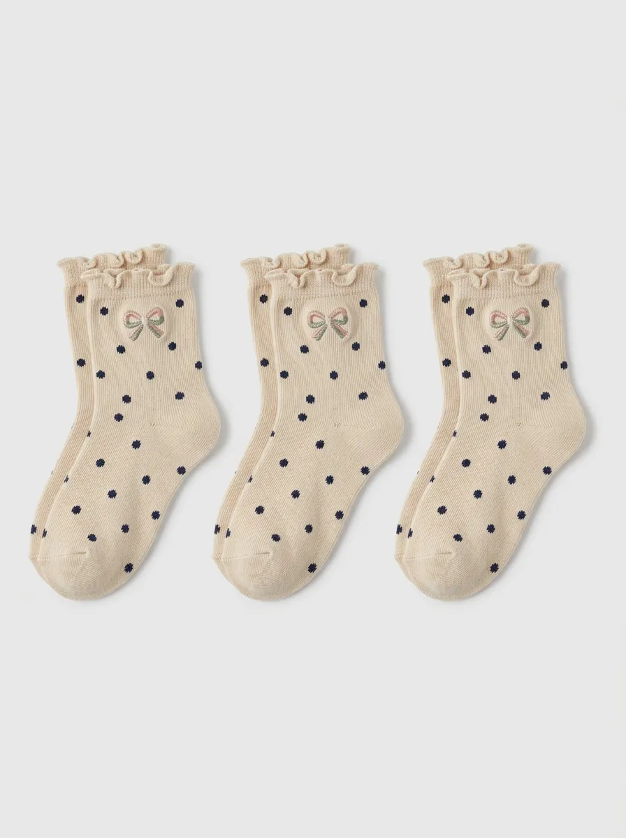 Women's Beige Polka Dot Bow Ruffle Ankle Socks 3-Pack