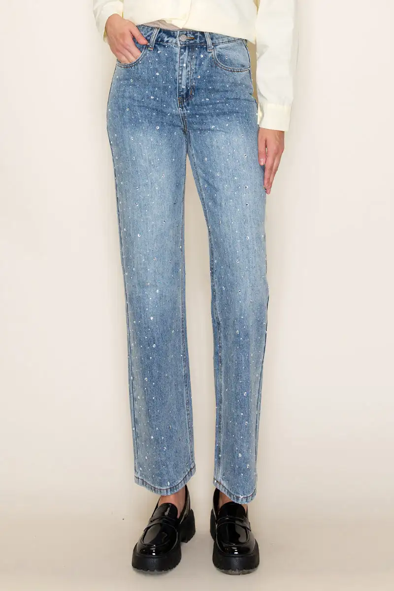 High Rise Embellished Straight Jeans