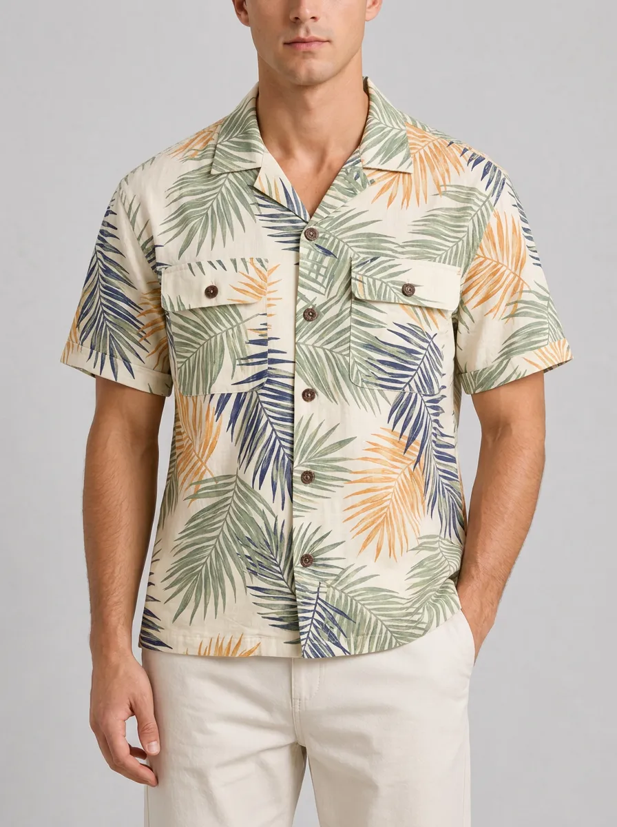 Men's Tropical Print Camp Collar Short Sleeve Shirt with Button-Front