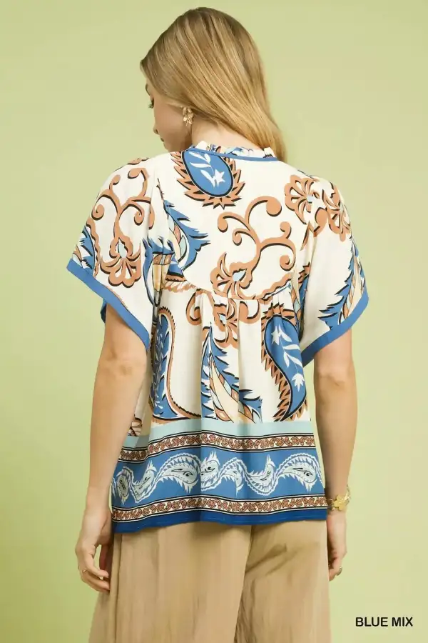 Mix Paisley Border Print Tassel Tied Boho Top