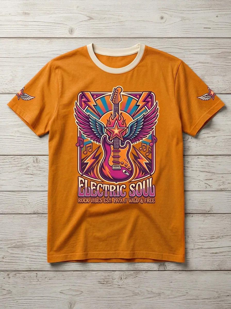 Unisex Rock Music Lover Electric Guitar Winged Printed T-shirt