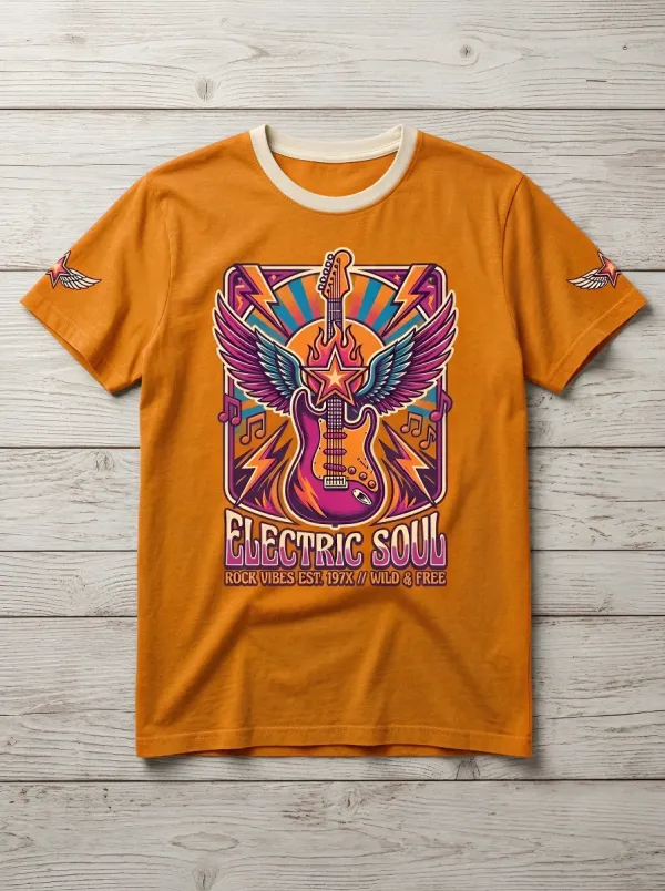 Unisex Rock Music Lover Electric Guitar Winged Printed T-shirt