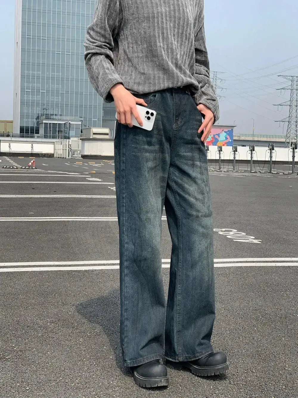 Stained Wash Straight Leg Jeans