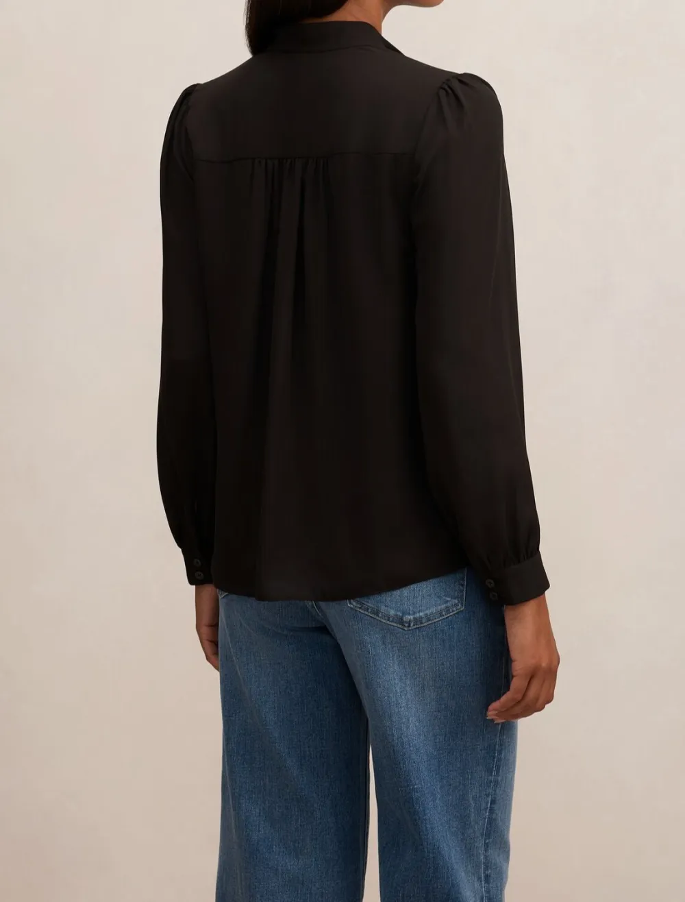Black Lace Trim Long Sleeve Button Blouse