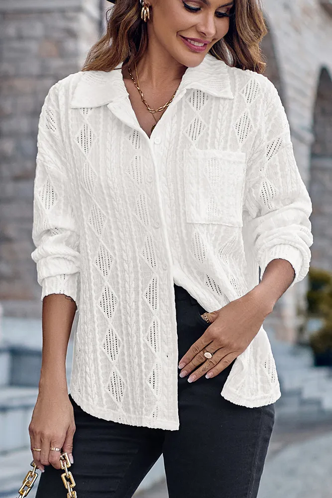 Eyelet Cable Button Shirt Blouse