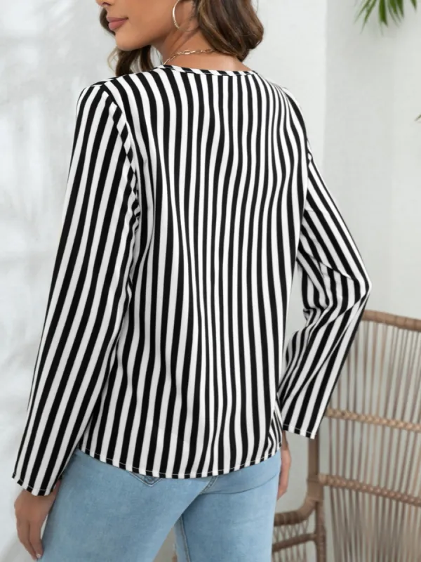 Striped Long Sleeve Notched Blouse