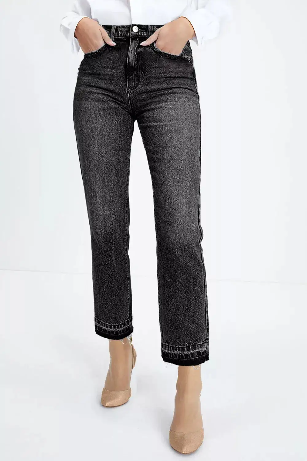 Refined Distressed Washed Pocketed Stretch Straight Leg Jeans