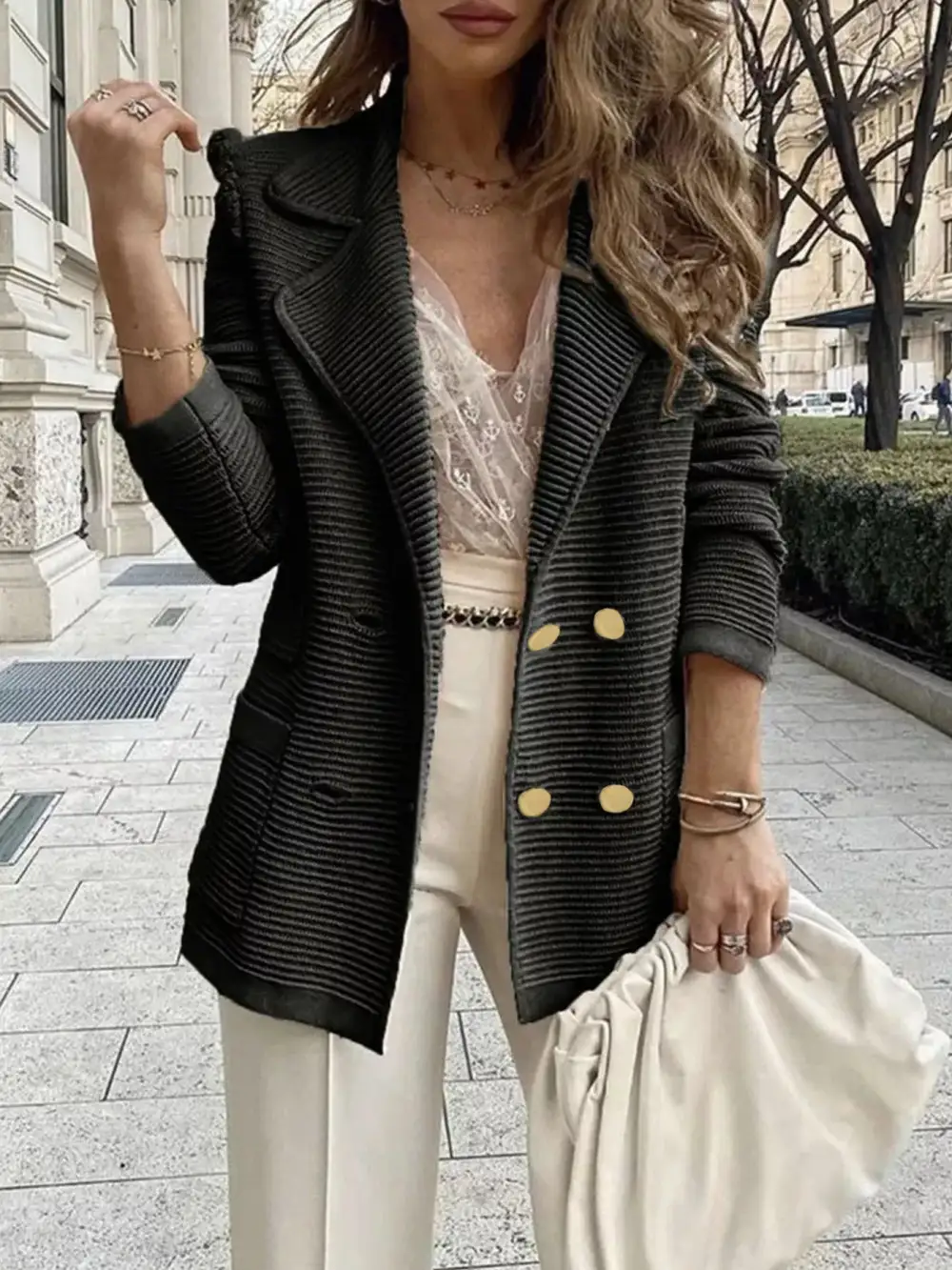 Double-Breasted Textured-Knit Blazer