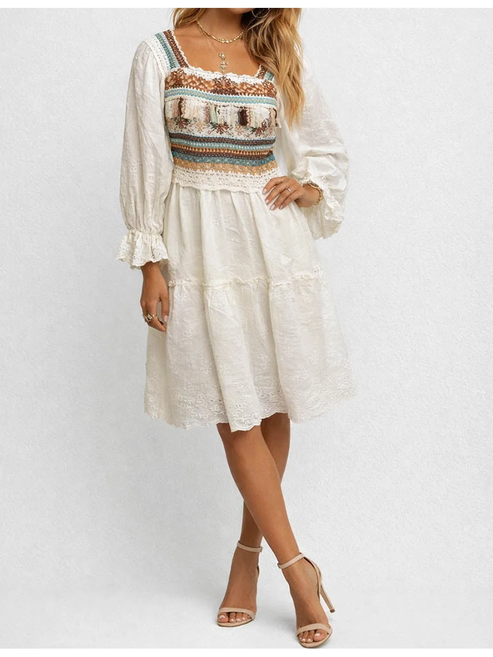 Crochet Embroidery Square Neck Tiered Midi Dress