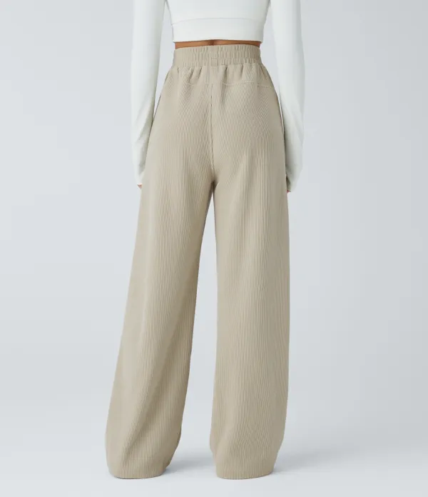 High Waisted Side Pocket Straight Leg Mop Corduroy Casual Pants