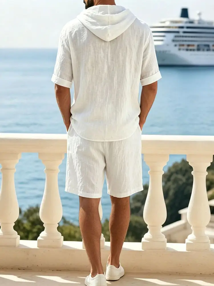 Washed Cotton Linen Hoodie Short Two Piece Set
