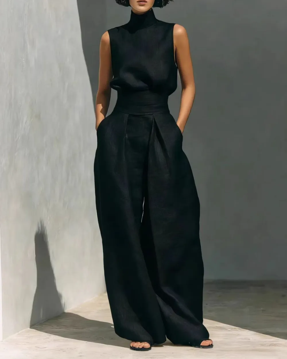Sleeveless Top Wide Leg Pants Minimalist Two-Piece Outfit