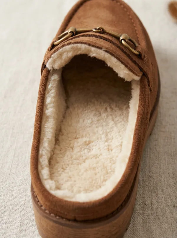 Women's Faux Fur Lined Metal Detail Platform Suede Wood Sole Loafers