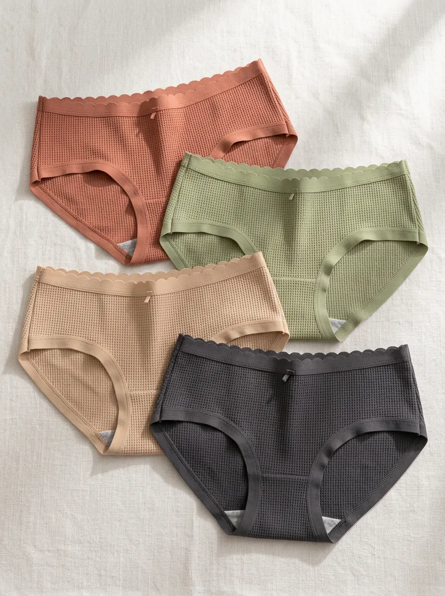 Women's Waffle Knit Scalloped Edge Solid Color Panties Set
