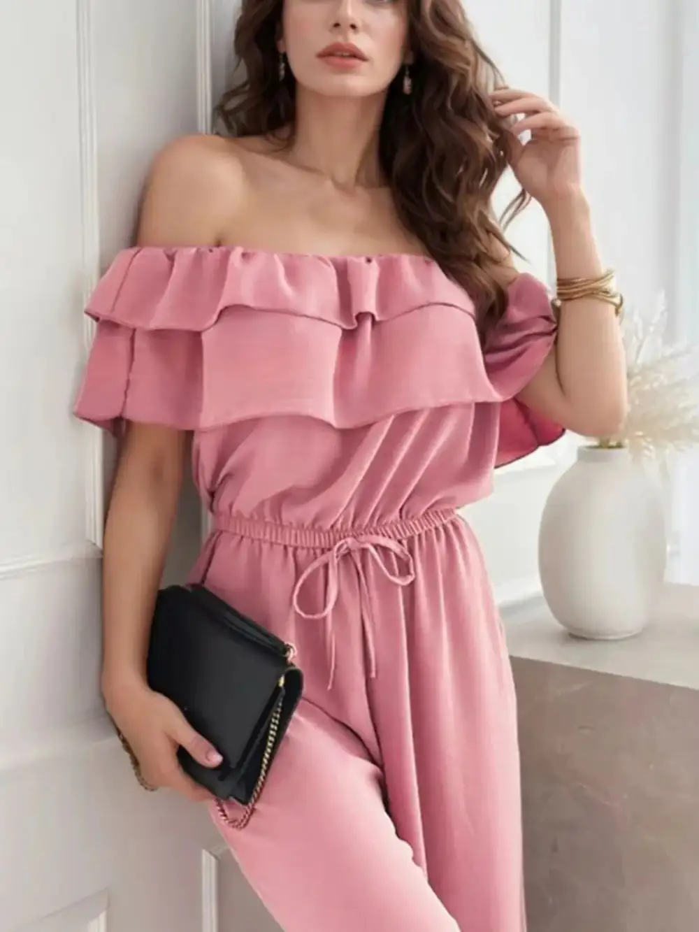 Shoulder Ruffled Wide Leg Jumpsuit