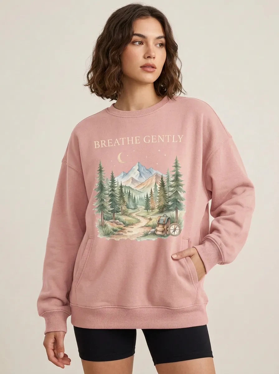 Women's Nature Hiking Breathe Gently Mountain Forest Graphic Sweatshirt