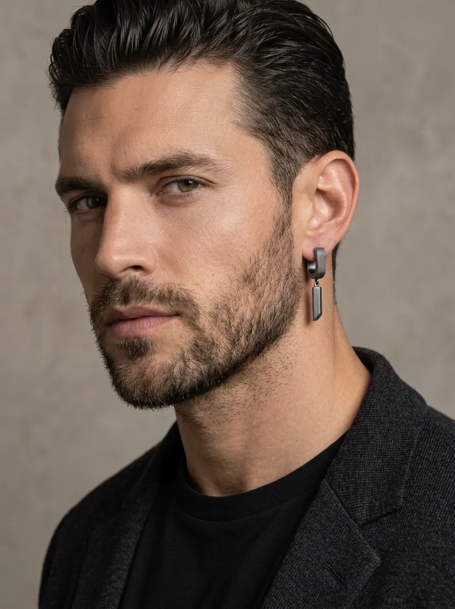Men's Minimalist Geometric Bar Textured Hoop Earrings