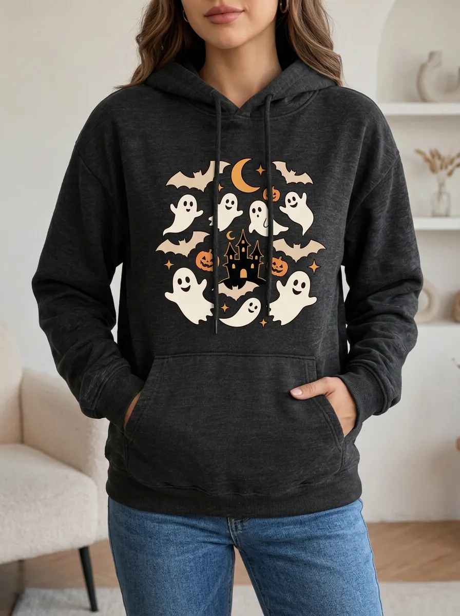 Women's Halloween Ghost Pumpkin Castle Bat Printed Hoodie