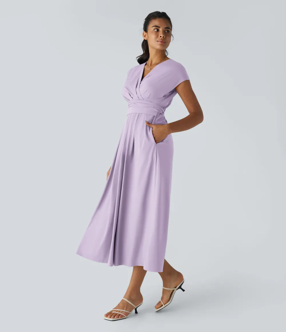 Breezeful V Neck Short Sleeve Side Pocket Tie Back Quick Dry Midi Casual Dress