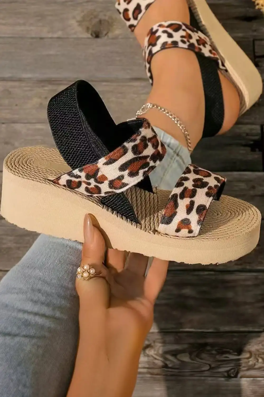 Leopard Woven Strappy Double Strap Flat Sandals
