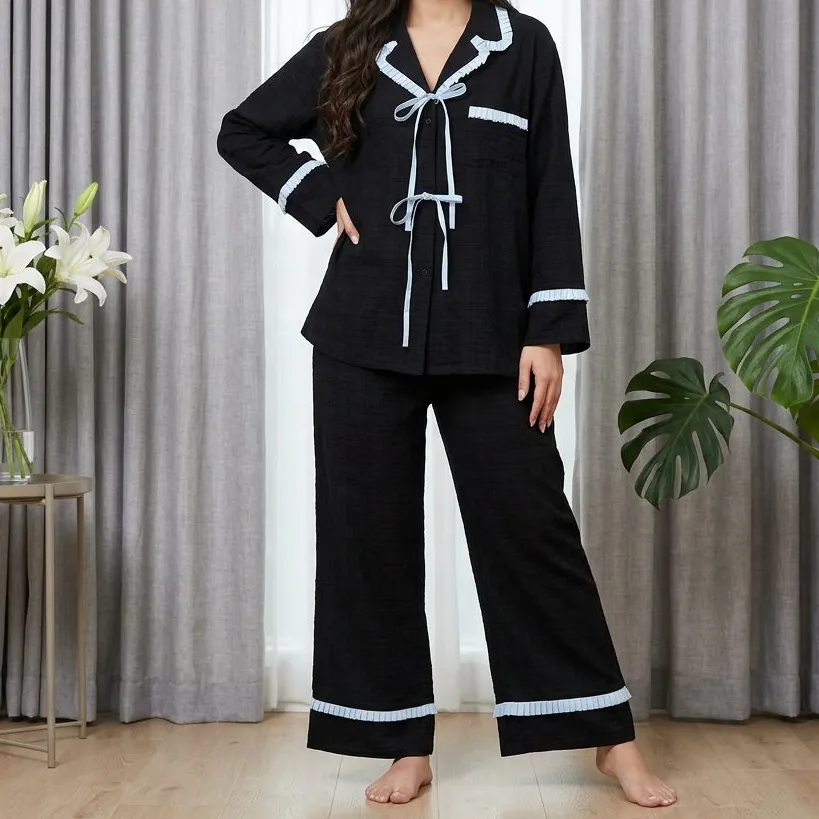 Plaid Pajama Set with Contrast Ruffle Trims
