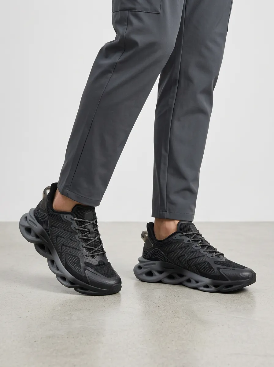 Men's Black Sport Tech Black Mesh Athletic Sneakers
