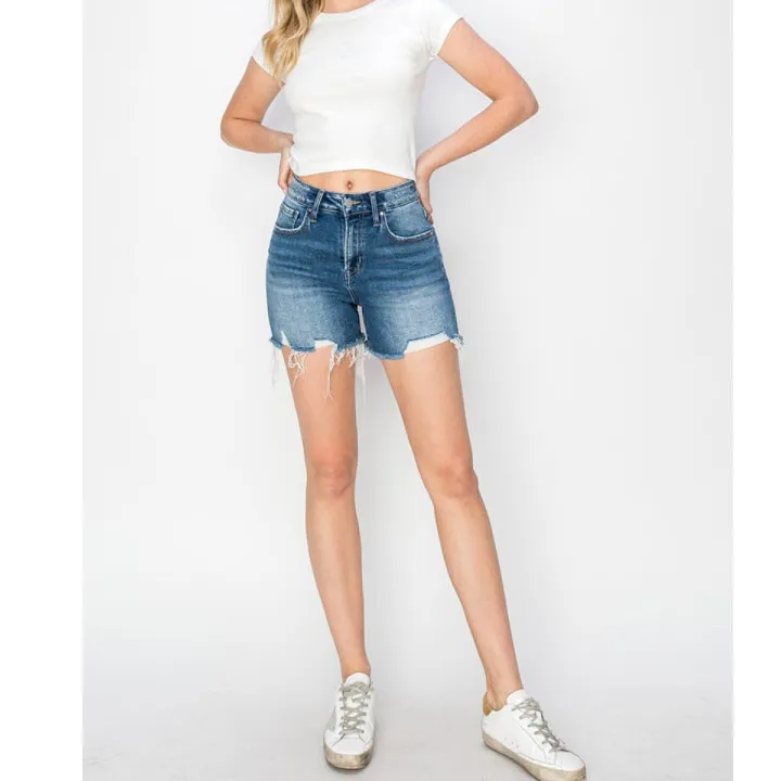 High Rise Raw Hem Distressed Denim Shorts
