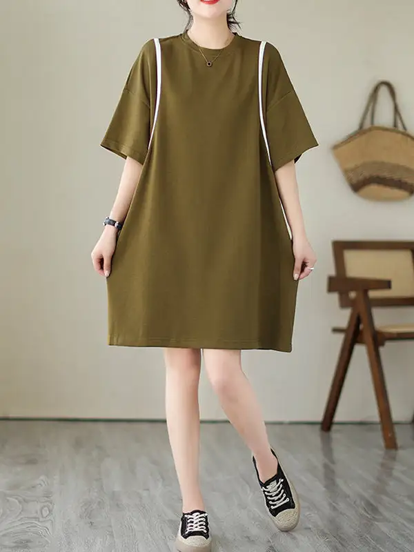 Relaxed Short Sleeve Split Joint Round Neck Mini Dress