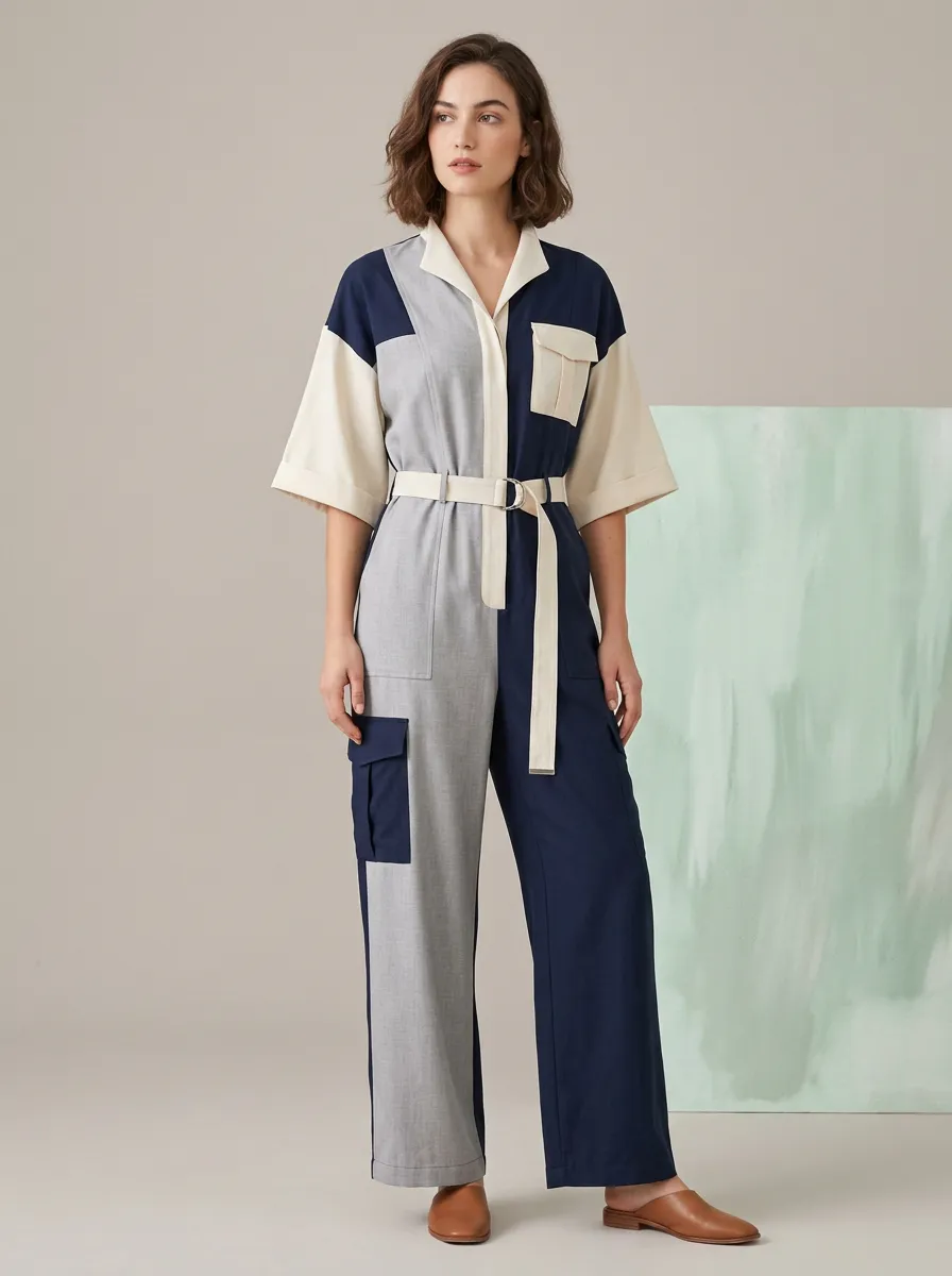 Women's Casual Fashion Colorblock Patchwork Belted Jumpsuit