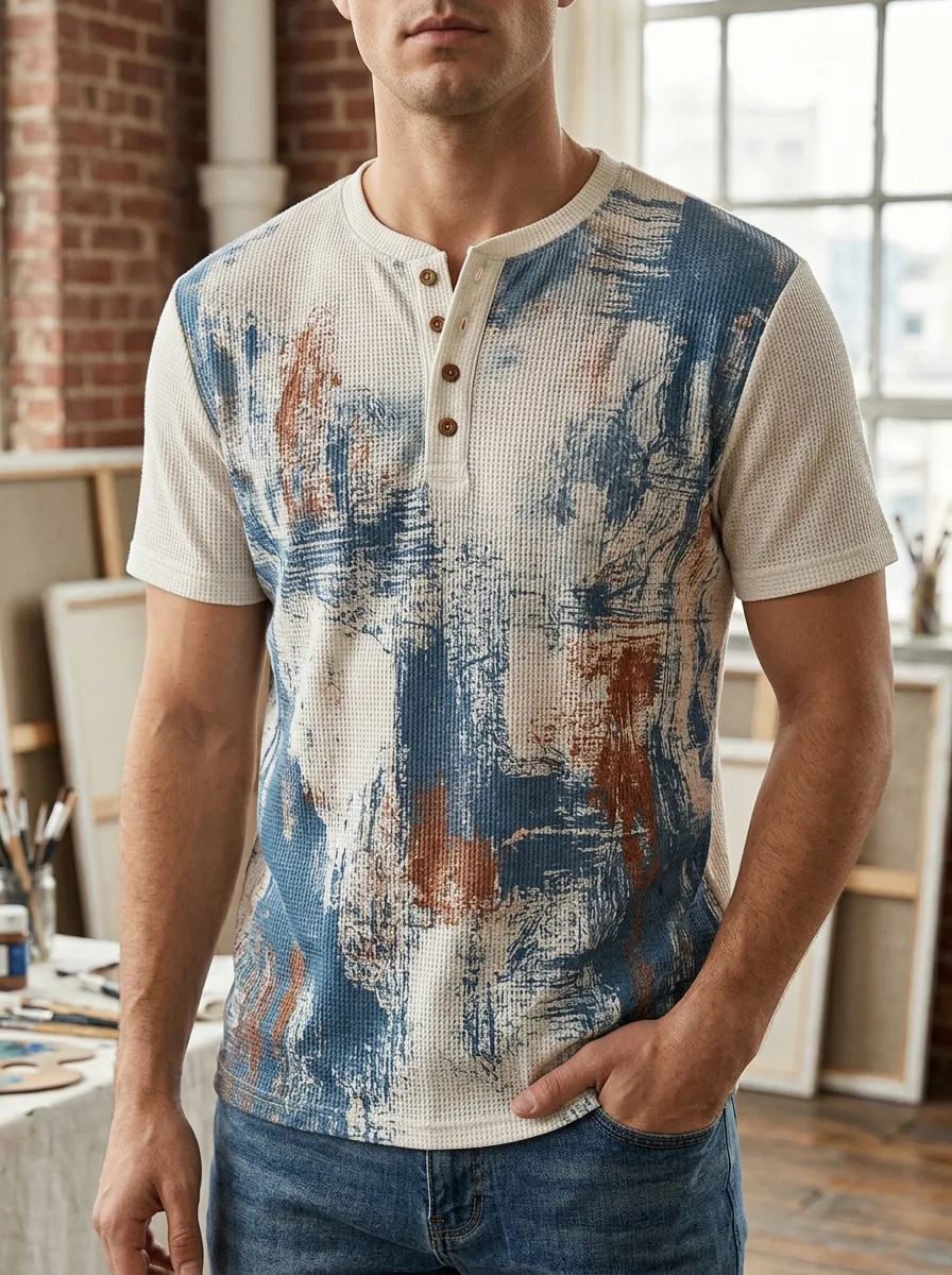 Men's Expressive Abstract Brushstroke Waffle Knit Henley T-Shirt