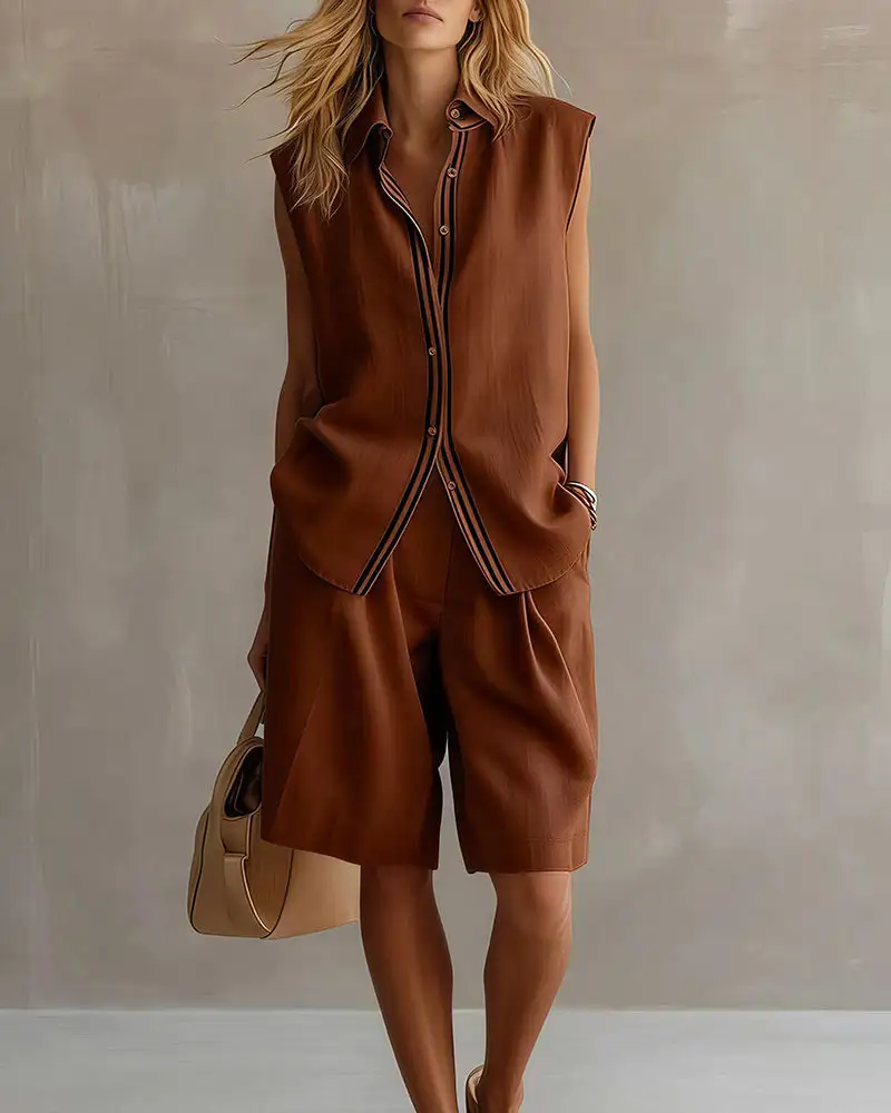 Casual Sleeveless Button-Down Shirt and Shorts Two-Piece Set