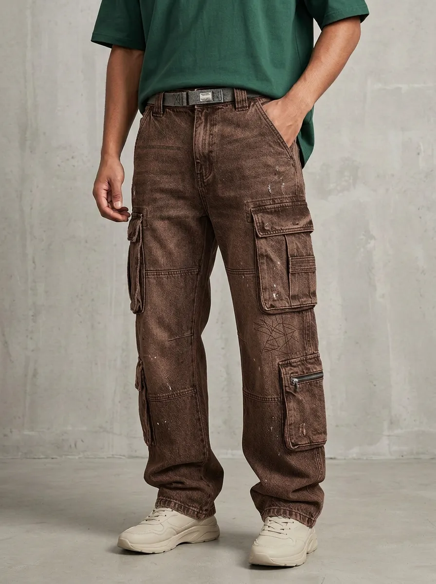 Men's Streetwear Geometric Graphic Washed Black Printed Cargo Jeans