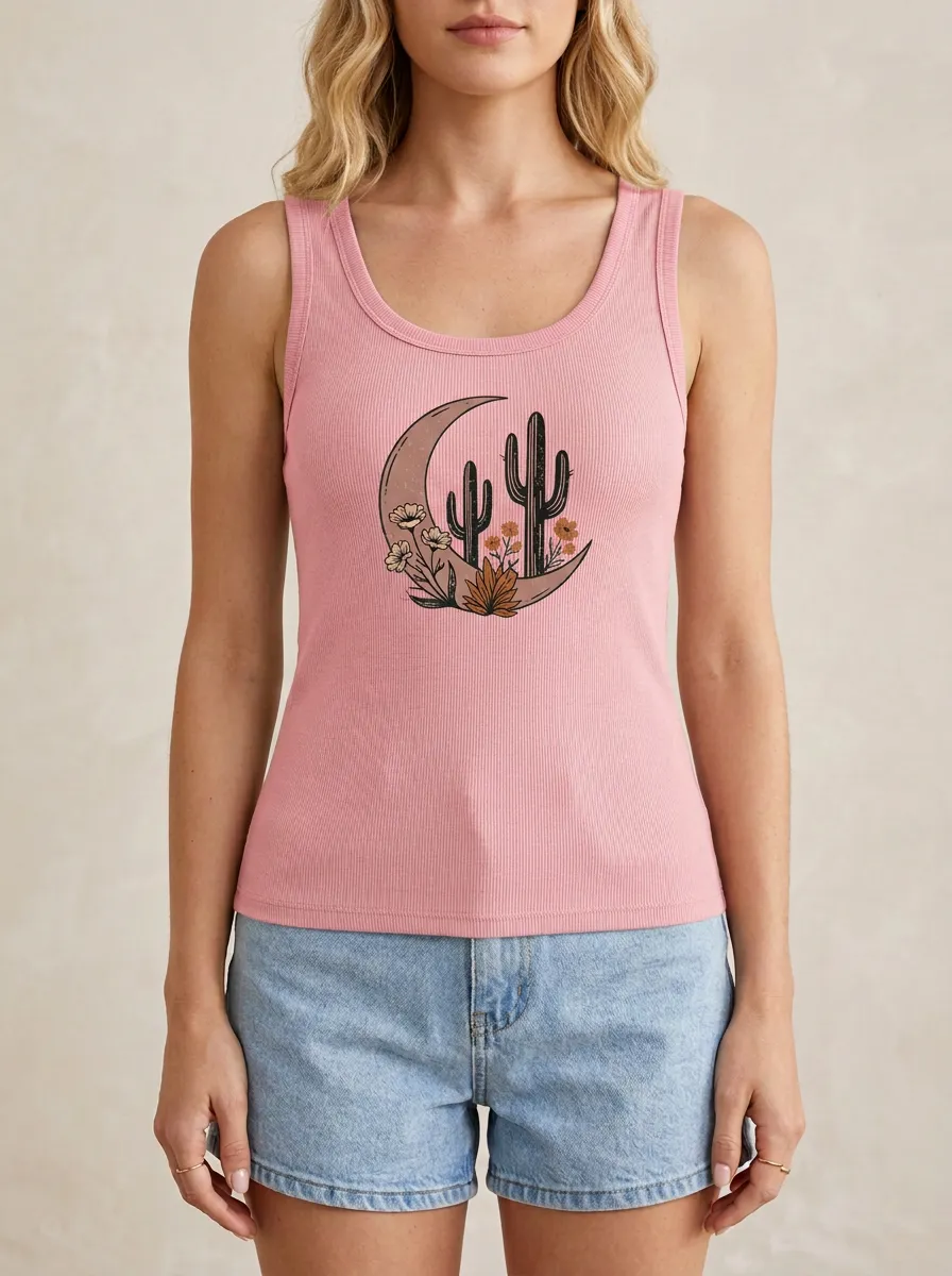 Desert Cactus Moon Floral Built-In Bra Tank Top