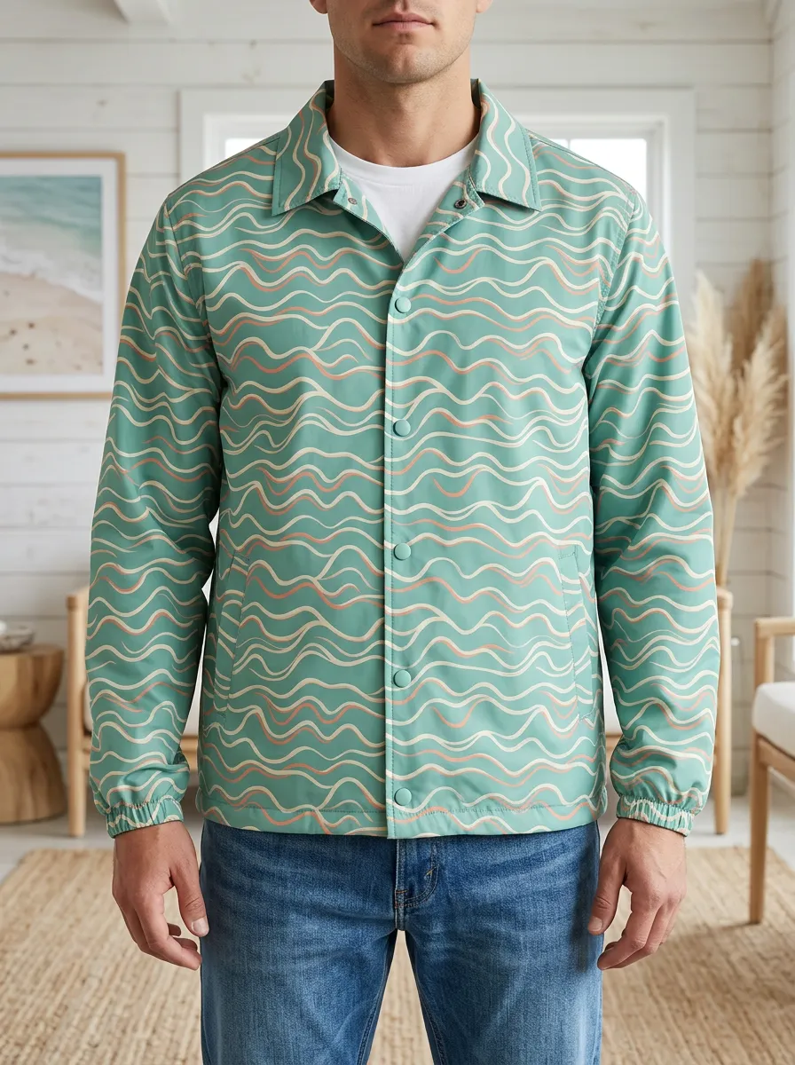 Men's Coastal Aesthetic Wavy Line Pattern Printed Coach Jacket