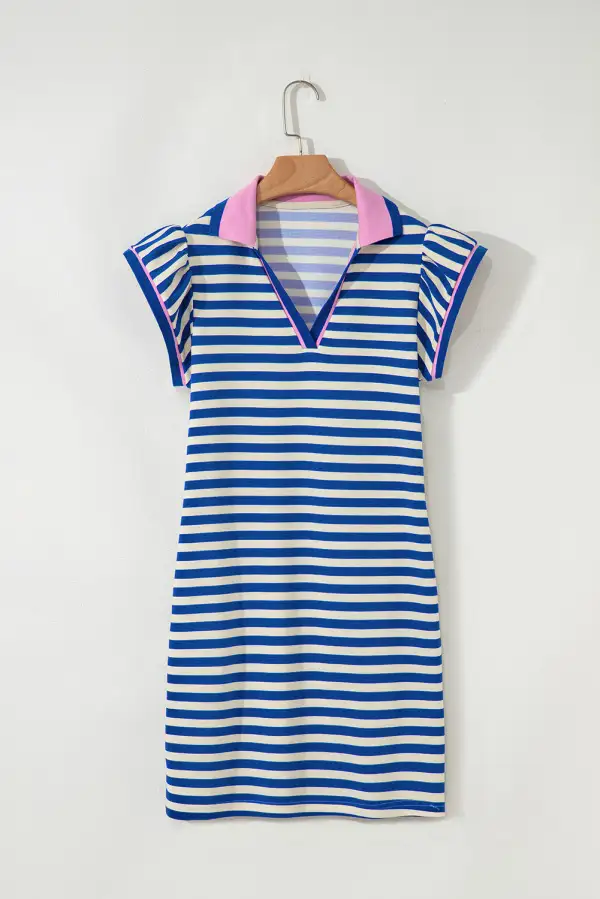 Neat Striped Contrast Trim Collared Mini Dress