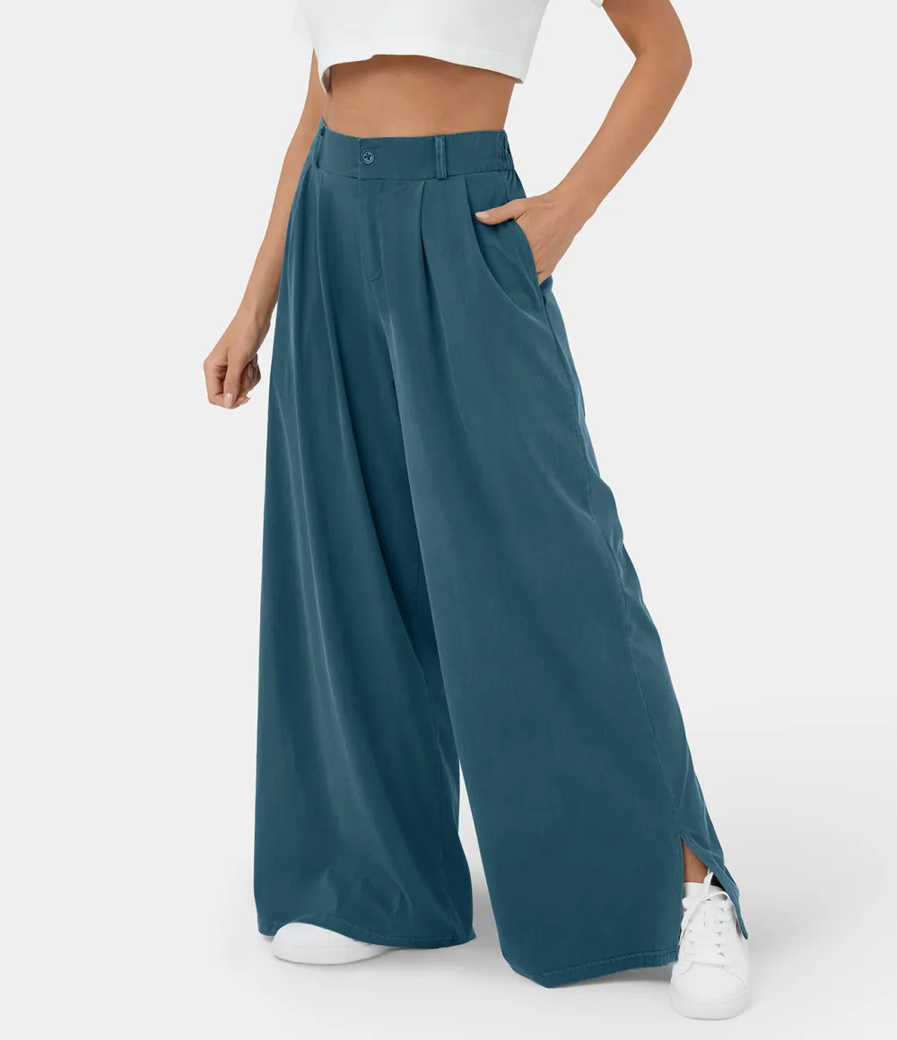 High Waisted Button Zipper Plicated Side Pocket Split Hem Wide Leg Casual Pants