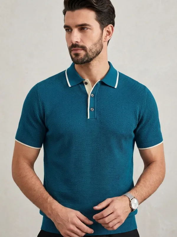 Men's Casual Navy Blue Contrast Trim Knit Polo Shirt