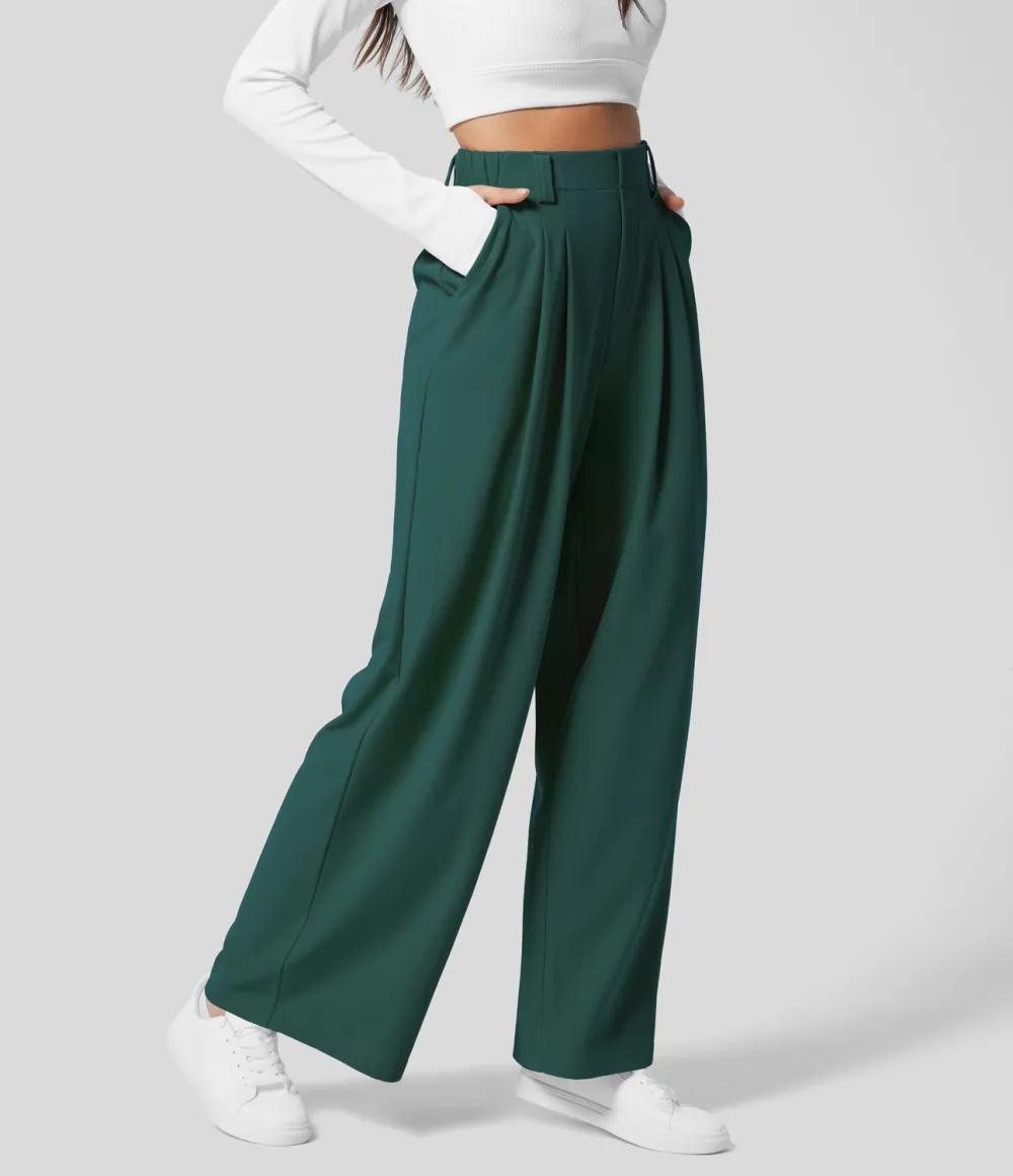 2026🔥  High Waisted Plicated Side Pocket Wide Leg Waffle Work Pants