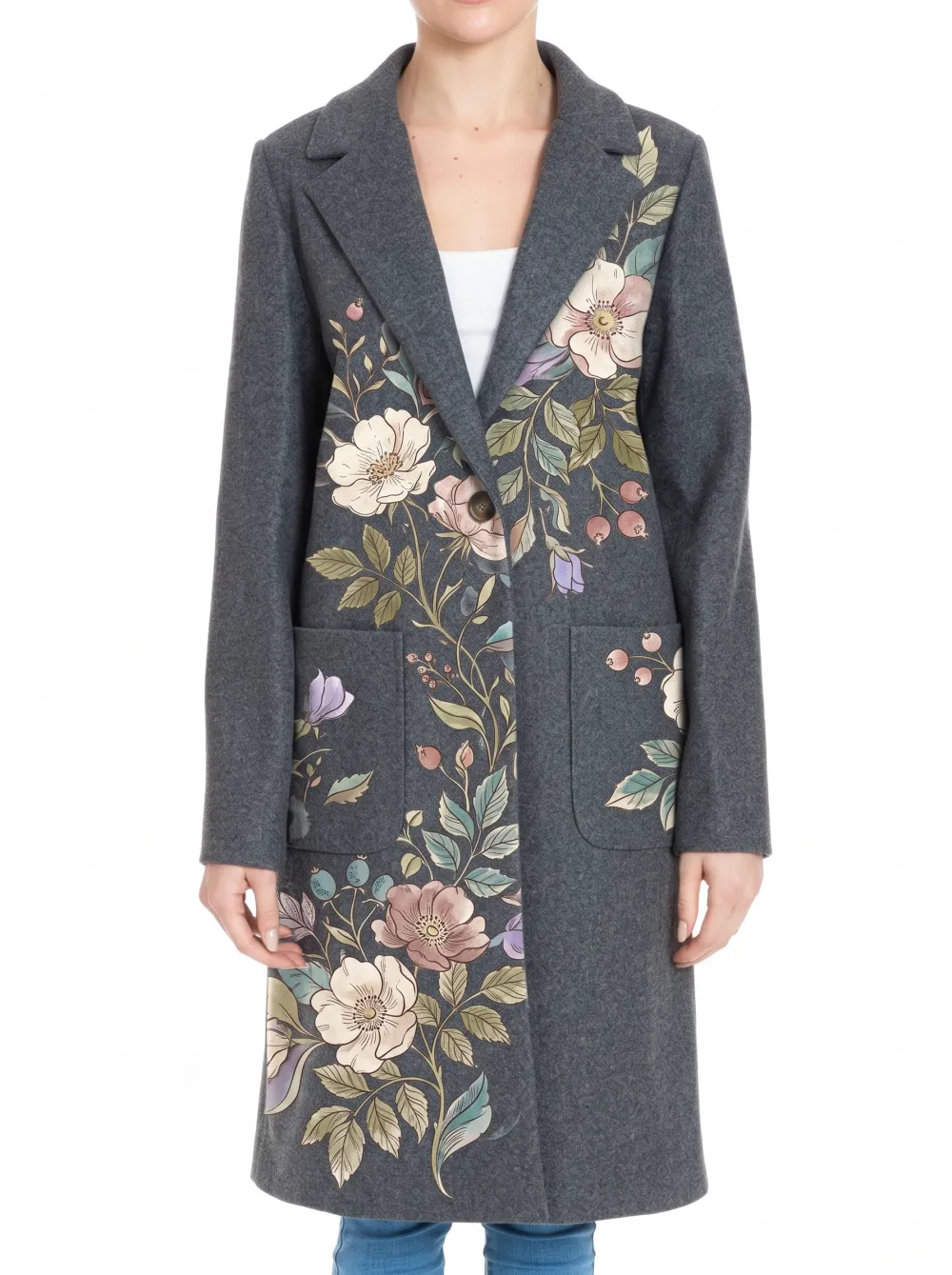 Women's Single Button Floral Botanical Art Wool Blend Coat