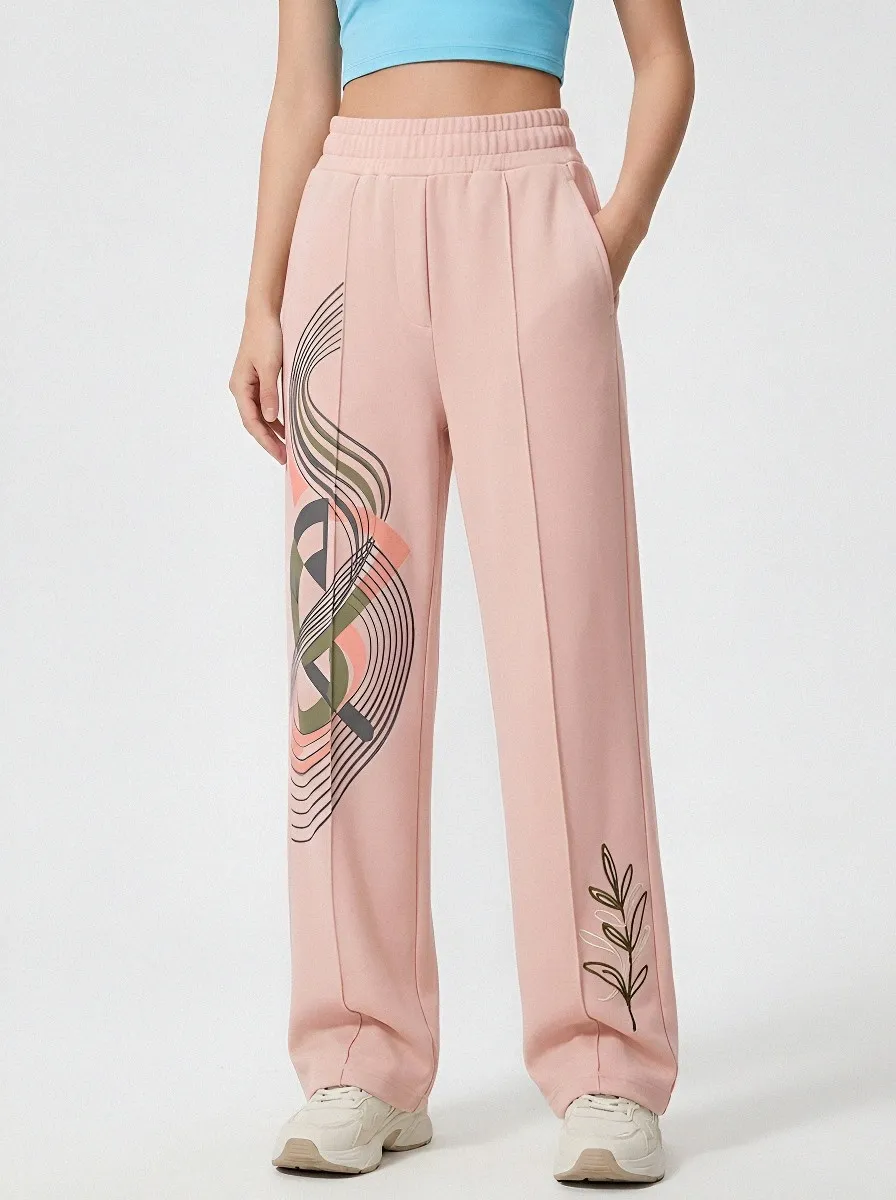 Women's Beige Floral Print Wide-Leg Sweatpants