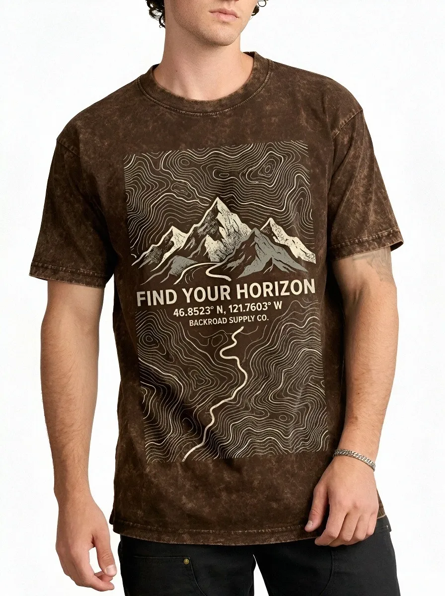 Men's Mountain Hiking Lover Topographic Map Printed T-shirt