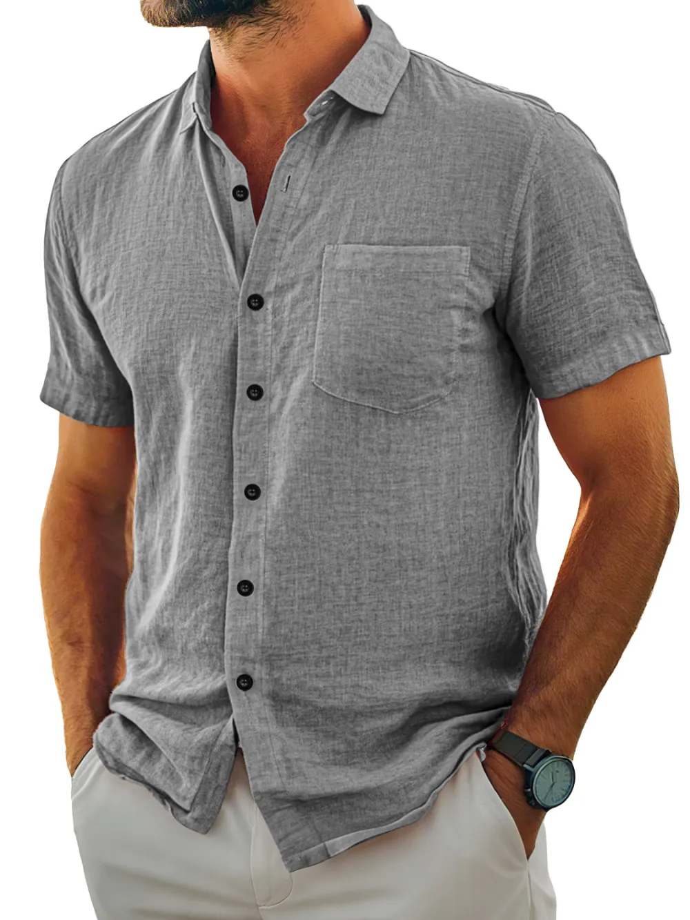Clean Line Short Sleeve Open Collar Pocket Shirt