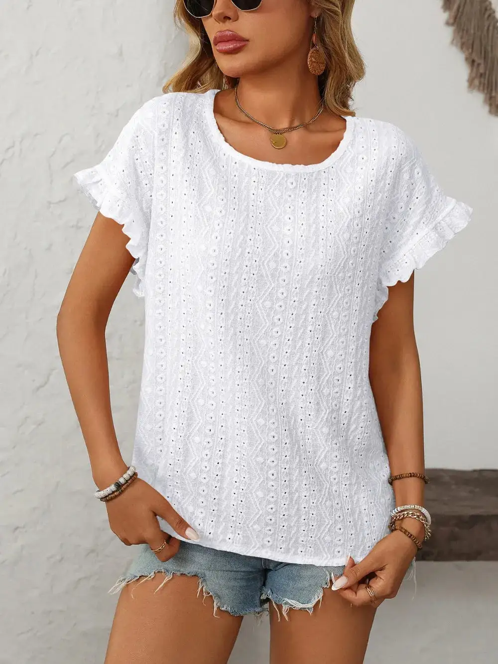 Mandy Eyelet Frill Round Neck Short Sleeve Top