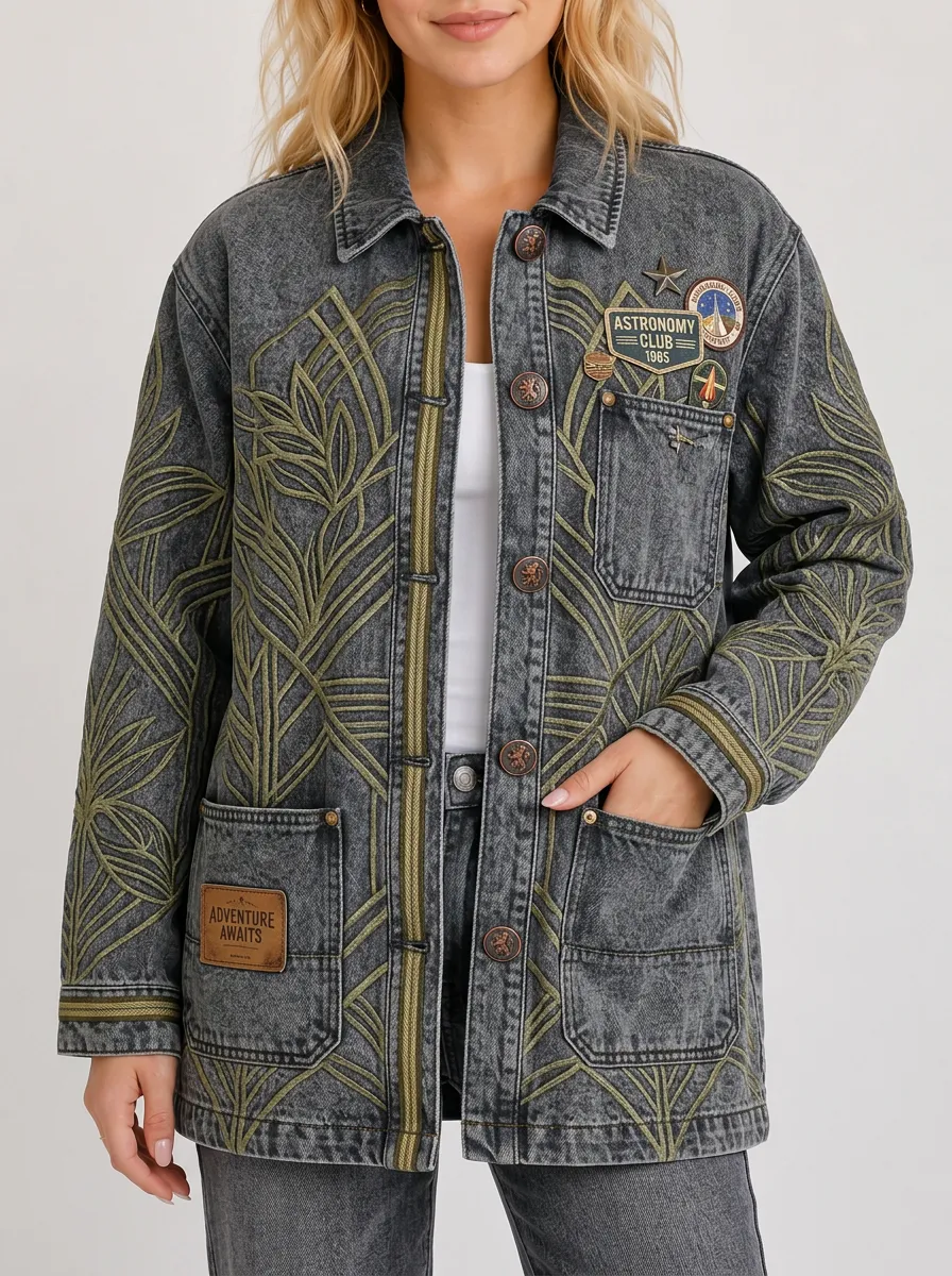 Women's Astronomy Club Adventure Awaits Embroidered Denim Jacket