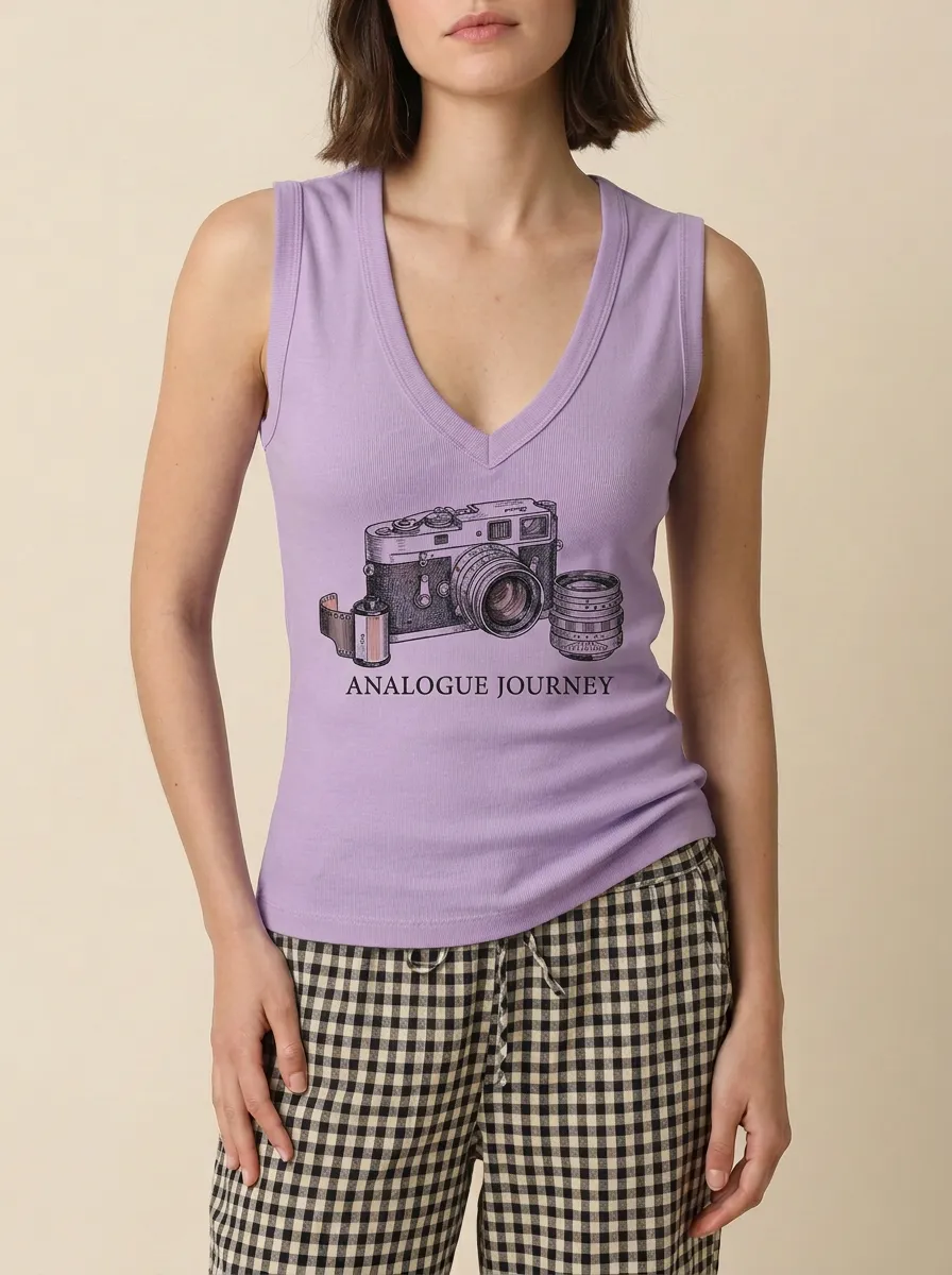 Women's Photography Lover Analogue Camera Printed Tank Top
