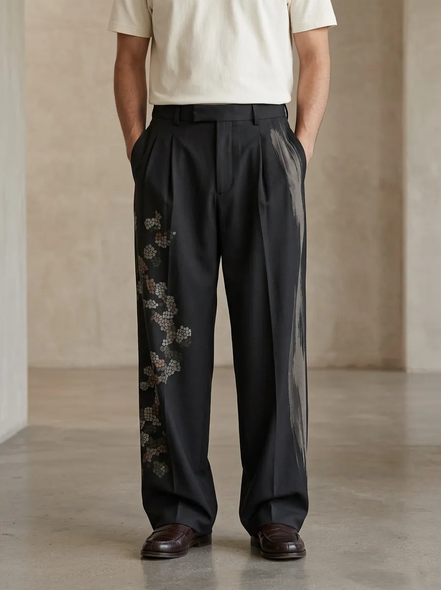 Men's Japanese Floral Ink Wash Printed Wide Leg Trousers