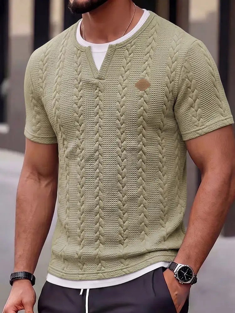 Cable Knit Faux Two-Piece Short Sleeve T-Shirt Two Set