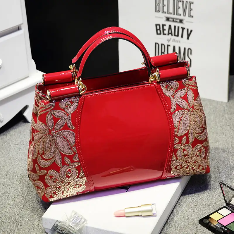 Glamorous Patent Leather Handbag Sequin Bead Shoulder Crossbody