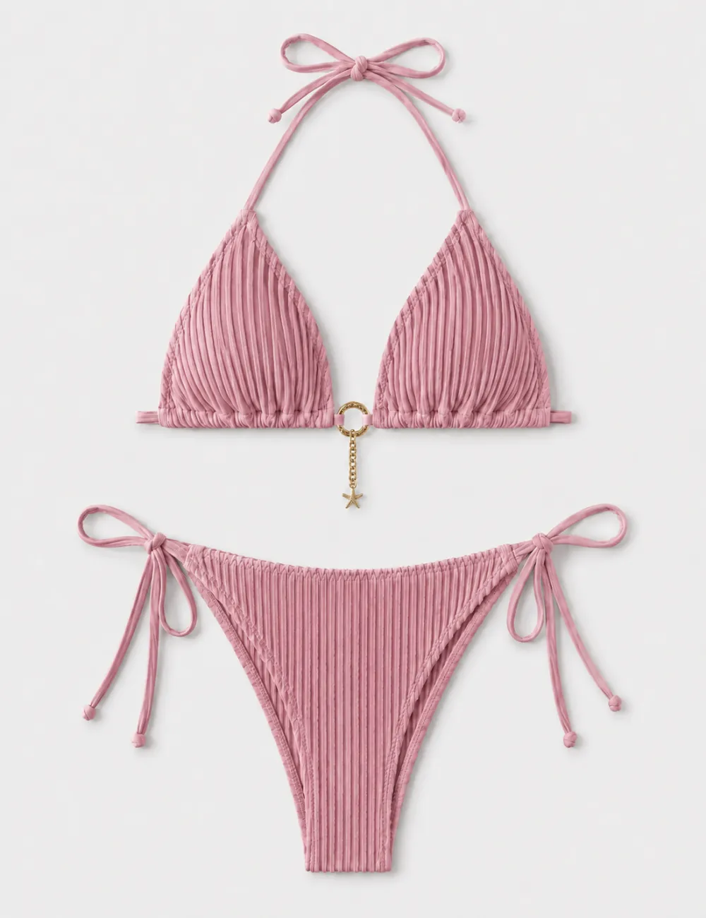 Vertical Texture Halter Neck Triangle Bikini Set